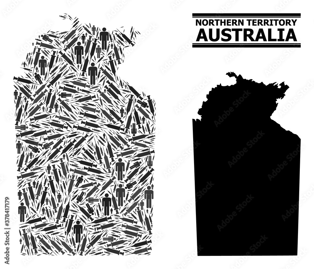 Vaccine mosaic and solid map of Australian Northern Territory. Vector map of Australian Northern Territory is done with vaccine symbols and human figures. Template designed for epidemic purposes. Vaccine mosaic and solid map of Australian Northern Territory. Vector map of Australian Northern Territory is done with vaccine symbols and human figures. Template designed for epidemic purposes.
