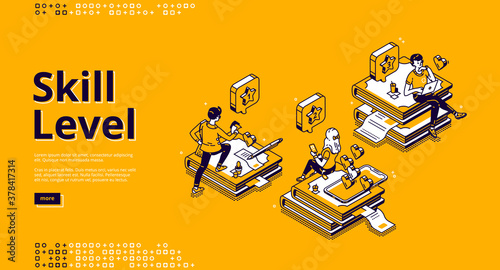 Skill level isometric landing page. Professional education and knowledge concept with tiny characters sitting on huge book piles using gadgets for reading and studying. 3d vector line art banner