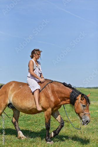 Young beautiful girl rides a horse on a farm field. © shymar27