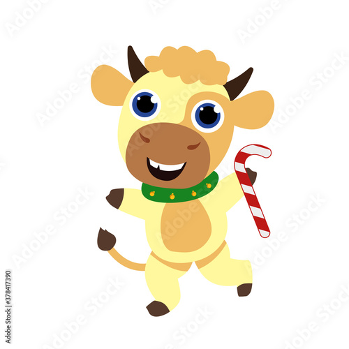 New Year cute children bull in a scarf is dancing. symbol of 2021. vector illustration isolated on white background