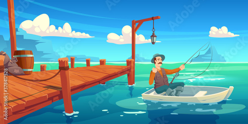 Lake with wooden pier and fisherman in boat. Vector cartoon illustration of summer landscape with river, sea bay or pond, wharf and man in hat with fishing rod in boat