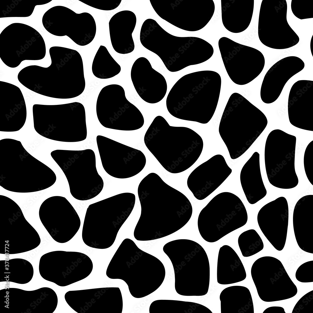 Vector seamless spotted pattern. Black spots of various shapes on a white background. Many shapeless rounded shapes. Trend pattern. Leopard print. Doodle style. Stock illustration. For fabric, covers Vector seamless spotted pattern. Black spots of various shapes on a white background. Many shapeless rounded shapes. Trend pattern. Leopard print. Doodle style. Stock illustration. For fabric, covers