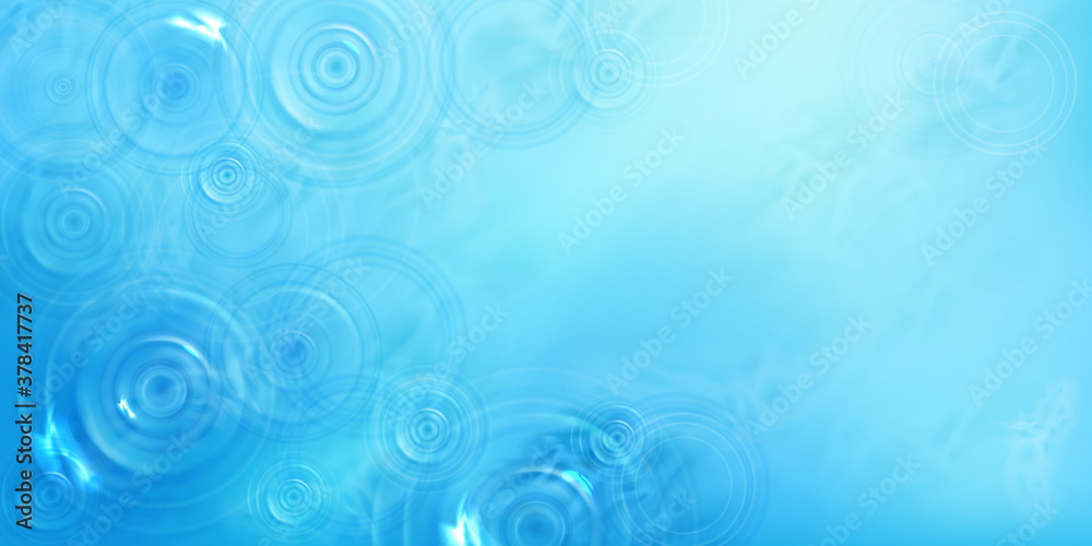 Circles on water top view, radial pattern on liquid surface with diverging rings, whirls and splashes. Ripples made of thrown stone on blue sea or ocean background, Realistic 3d vector illustration
