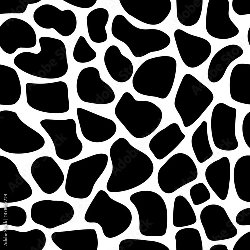 Vector seamless spotted pattern. Black spots of various shapes on a white background. Many shapeless rounded shapes. Trend pattern. Leopard print. Doodle style. Stock illustration. For fabric, covers