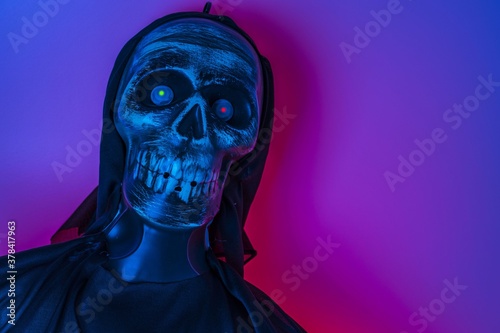 Close up view of blue lighted skeleton head on purple background. Halloween concept.