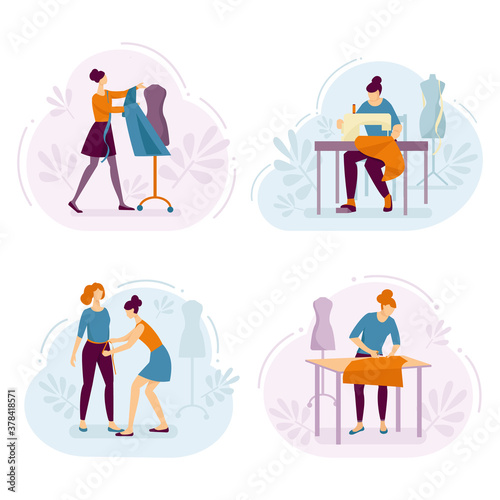 Set of vector illustrations about a sewing workshop. Flat style.