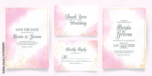 watercolor creamy wedding invitation card template set with golden floral decoration 