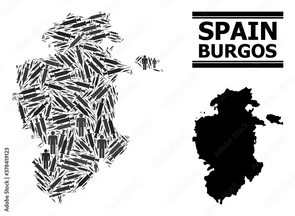 Fototapeta premium Syringe mosaic and solid map of Burgos Province. Vector map of Burgos Province is created with inoculation icons and men figures. Abstraction is useful for lockdown posters. Final win over Covid-2019.