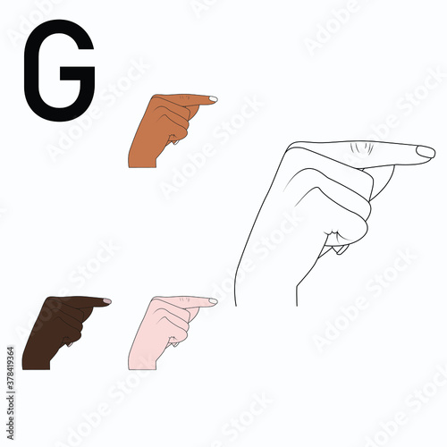 "G" is the seventh letter of the alphabet in Sign Language, English. Black and white drawing by hand and by skin tone. Vector illustration