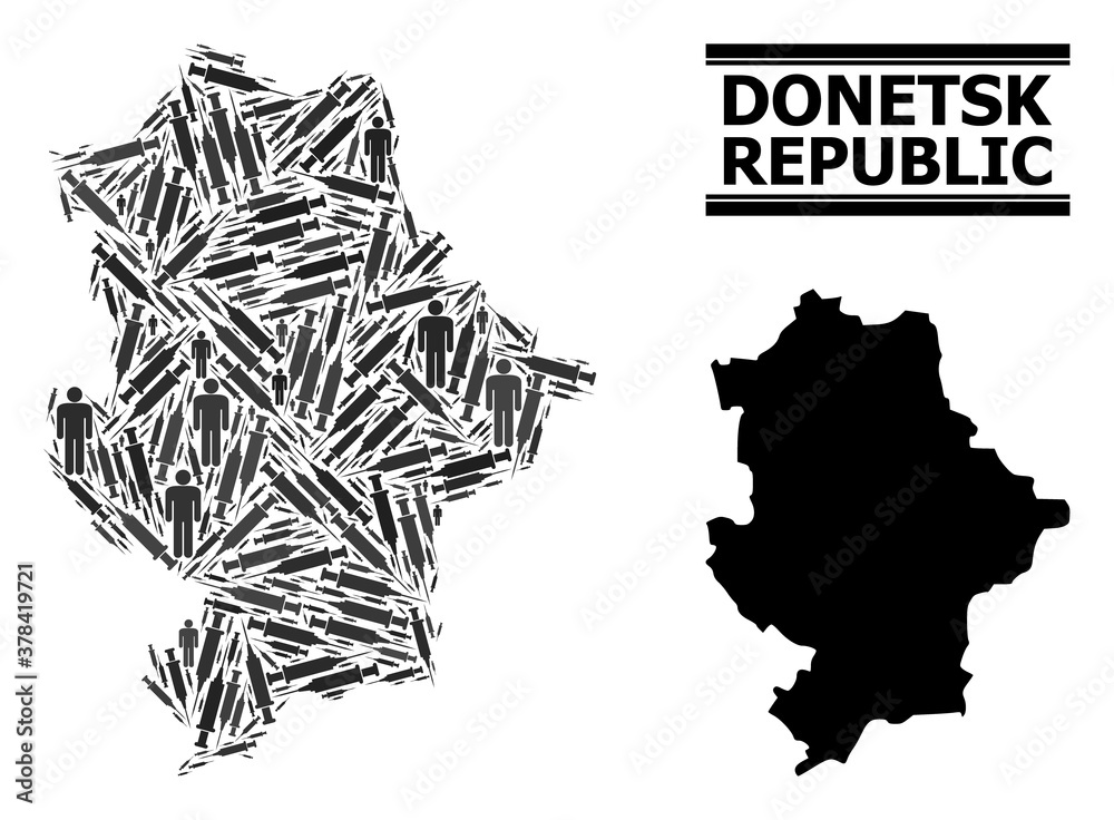 Vaccination mosaic and solid map of Donetsk Republic. Vector map of Donetsk Republic is shaped of injection needles and men figures. Collage is useful for treatment aims.