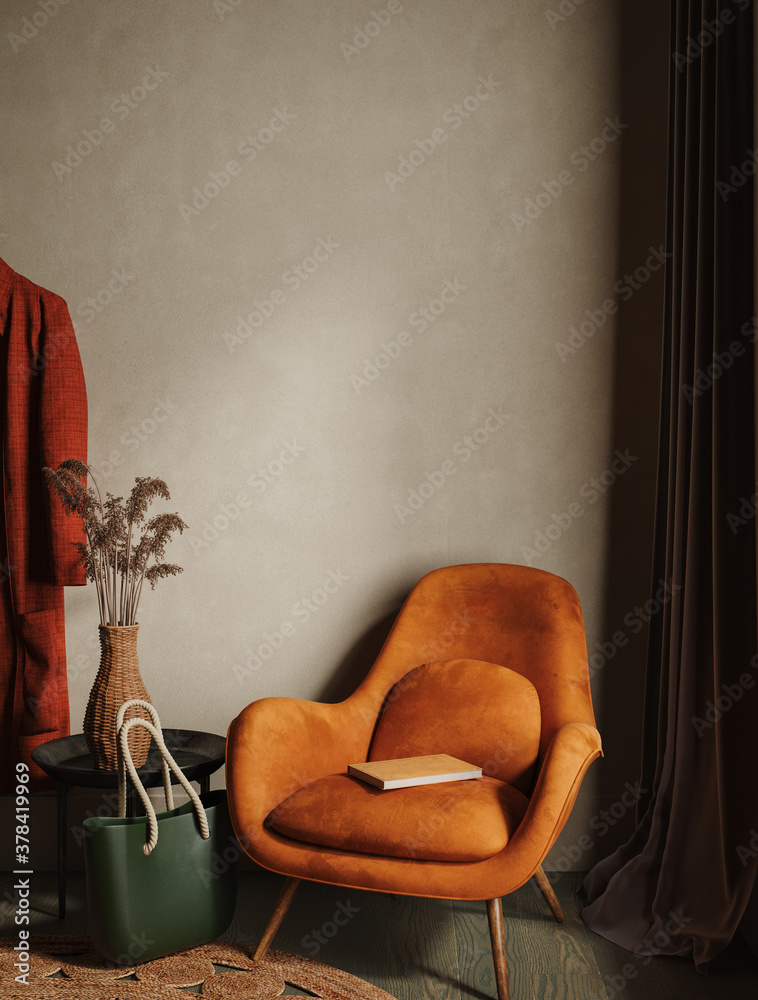 Home interior, modern dark living room with orange armchair, 3d render - obrazy, fototapety, plakaty 