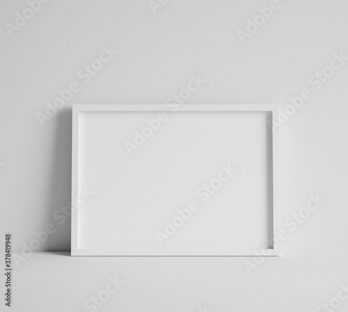 Mock up poster with white frame close up near wall, 3d render