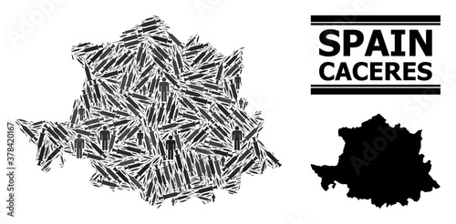 Vaccine mosaic and solid map of Caceres Province. Vector map of Caceres Province is designed with vaccine symbols and men figures. Template designed for lockdown posters.