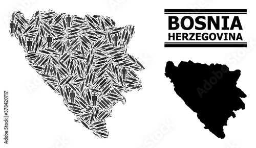 Covid-2019 Treatment mosaic and solid map of Bosnia and Herzegovina. Vector map of Bosnia and Herzegovina is organized from syringes and men figures. Template designed for lockdown purposes.