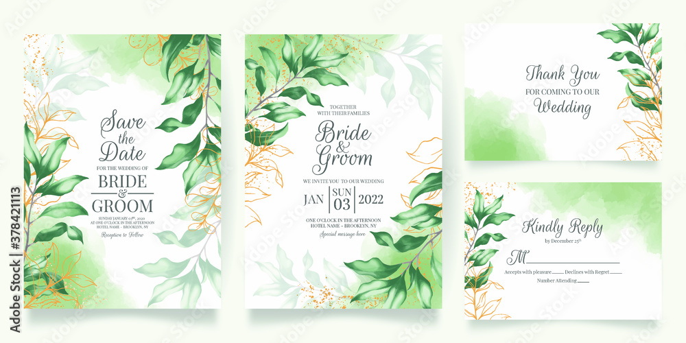 watercolor creamy wedding invitation card template set with golden floral decoration 