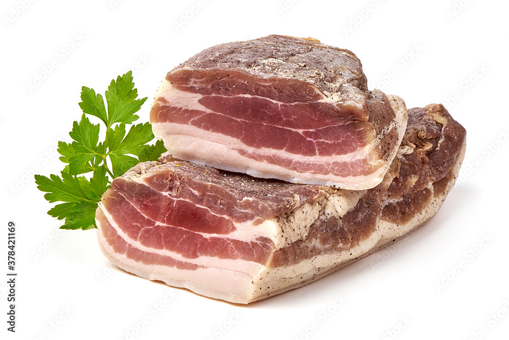 Homemade Chunks of salted bacon, pork lard, isolated on white background Homemade Chunks of salted bacon, pork lard, isolated on white background