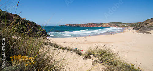 Panorama with yellow flowers  dune  waves and ocean. Amado Beach  Algarve  Portugal.