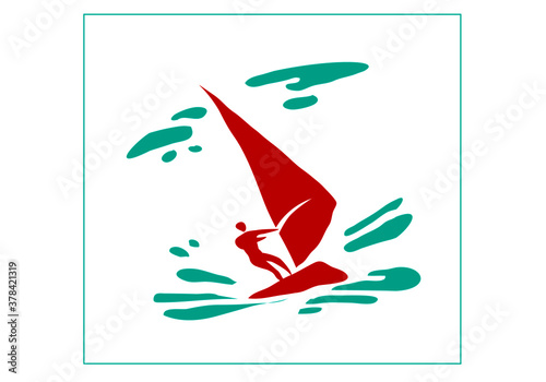 Recreation and sports on the water. Stylized image of a man on a sailing board. Vector image for logo, icon or illustration.