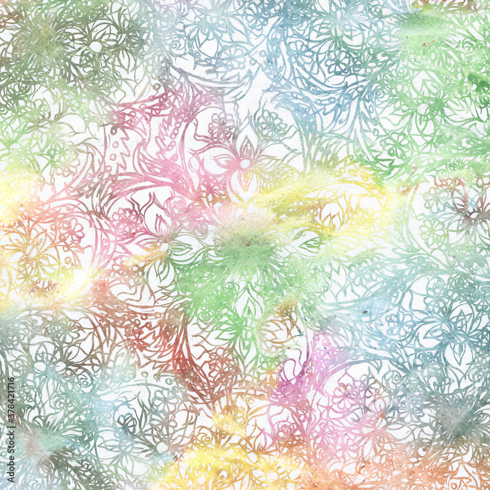 flowers and leaves artwork - abstract watercolor strokes as background, colorful hand drawn illustration