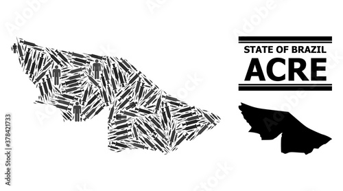 Covid-2019 Treatment mosaic and solid map of Acre State. Vector map of Acre State is shaped of inoculation icons and human figures. Template is useful for medicine templates.