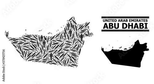 Covid-2019 Treatment mosaic and solid map of Abu Dhabi Emirate. Vector map of Abu Dhabi Emirate is shaped with inoculation icons and people figures. Template designed for pandemic alerts.
