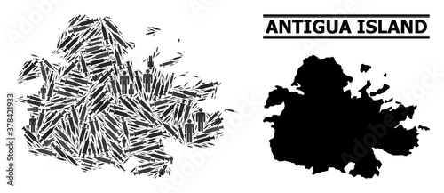 Vaccine mosaic and solid map of Antigua Island. Vector map of Antigua Island is done with vaccine doses and men figures. Collage is useful for lockdown posters. Final win over Covid-2019.