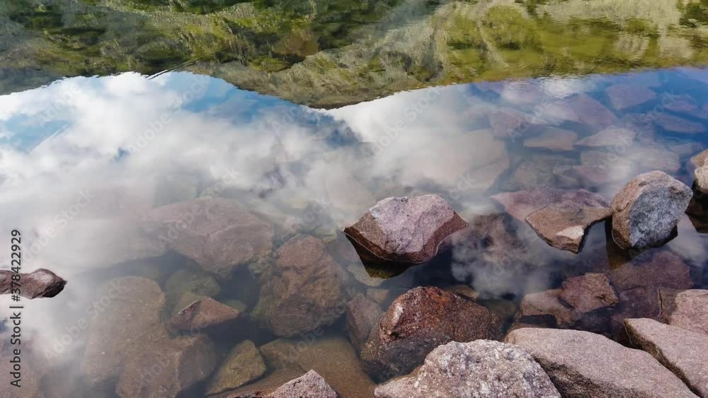 Rocks in an alpine lake with crystal clear water. Beautiful reflections of mountain slopes and peaks. Green vegetation. Blue sky with white clouds in summer Pirin. Tilt up. Rocks in an alpine lake with crystal clear water. Beautiful reflections of mountain slopes and peaks. Green vegetation. Blue sky with white clouds in summer Pirin. Tilt up.
