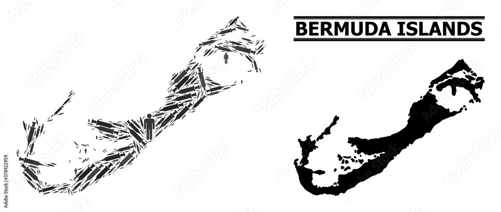 Virus therapy mosaic and solid map of Bermuda Islands. Vector map of Bermuda Islands is shaped of vaccine symbols and human figures. Collage is useful for quarantine ads. Virus therapy mosaic and solid map of Bermuda Islands. Vector map of Bermuda Islands is shaped of vaccine symbols and human figures. Collage is useful for quarantine ads.