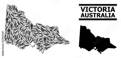 Inoculation mosaic and solid map of Australian Victoria. Vector map of Australian Victoria is designed with inoculation icons and human figures. Abstraction designed for pandemic templates.