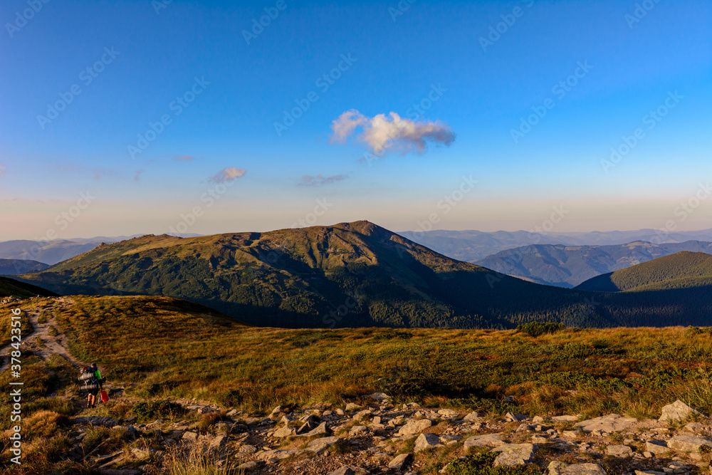 Tourist trails, Ukrainian Carpathians, picturesque landscapes, tourists on the trails of the Montenegrin ridge.