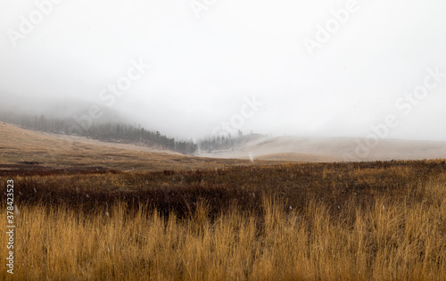 Dreary, foggy, empty, and barren winter landscape at the National Bison Range wildlife refuge, Montana, USA