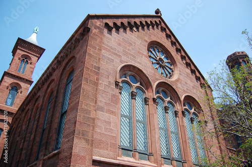 The Victorian facade of the Smithsonian Castle in Washington, District of Columbia, USA.