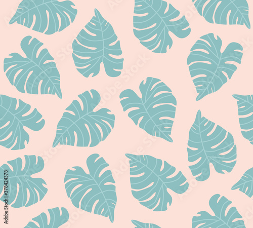 Vector illustration of monstera leaves in sky-blue and beige colours. Colorful background texture for kitchen, wallpaper, textile, fabric, paper. Tropical leaves illustration.