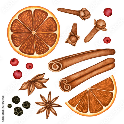 Foto Christmas hot mulled wine spices watercolor set