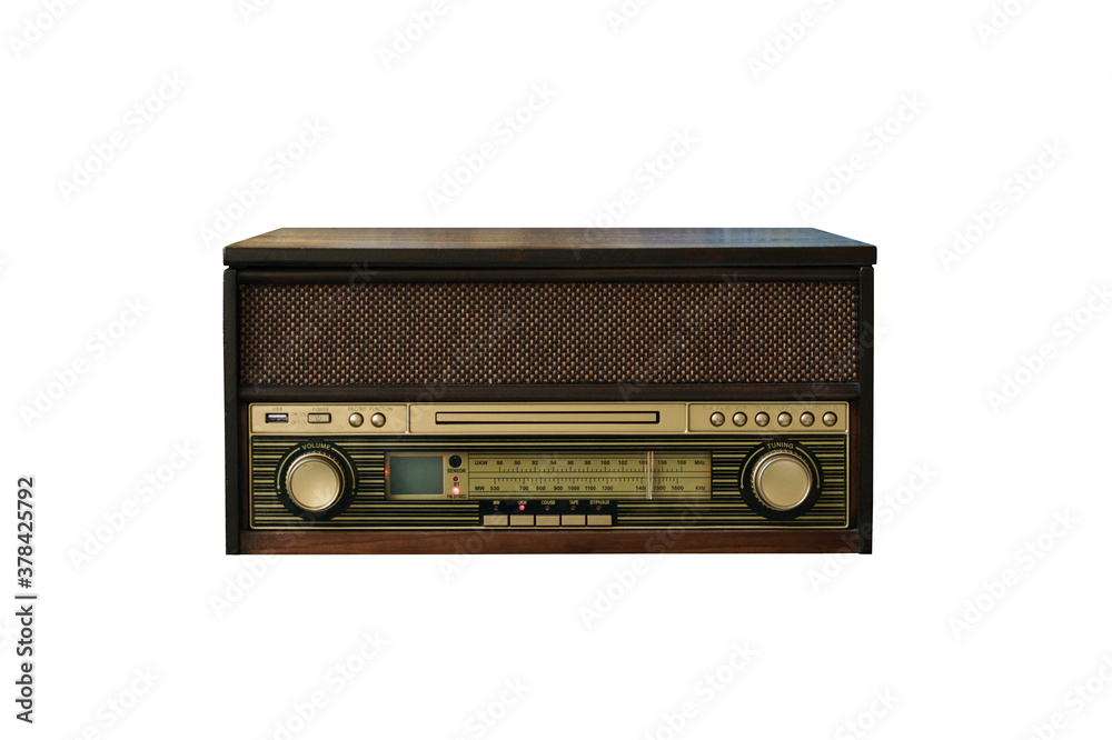Fototapeta premium Old vintage wooden radio and media center isolated on white background