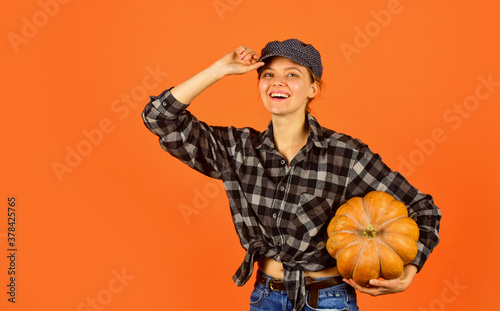 Full of positivity. Happy Thanksgiving day. Happy halloween. Healthy food growing. retro woman hold pumpkin. girl with gourd. farmer harvesting in countryside. fall seasonal concept. Autumn harvest