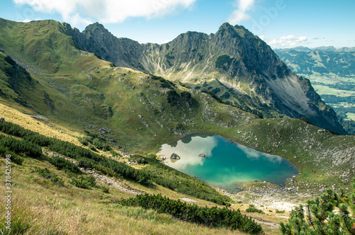 Mountain lake with surrounding peaks  Oberer Gaisalpsee  alps  Bavaria  Germany  Europe