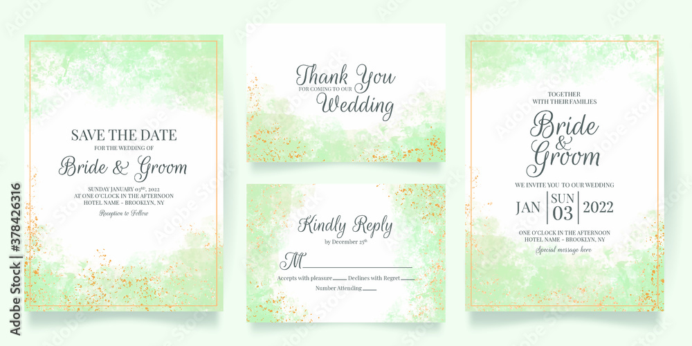 watercolor creamy wedding invitation card template set with golden floral decoration 