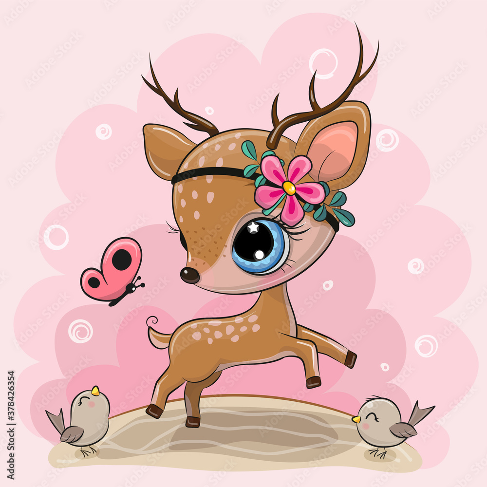 Fototapeta Cartoon Deer with flower on a pink background