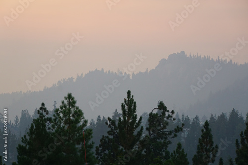 Very hazy and smokey view of pine trees on a mountain near sunset, during California's wildfire season