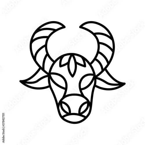 Bull head vector logo. Hand drawn symbol of 2021. Horned wild animal photo