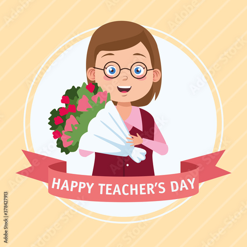 happy teachers day scene with teacher and flowers boucket photo