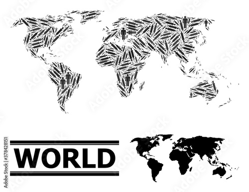 Vaccination mosaic and solid map of world. Vector map of world is done of injection needles and people figures. Collage is useful for pandemic aims. Final win over virus outbreak.