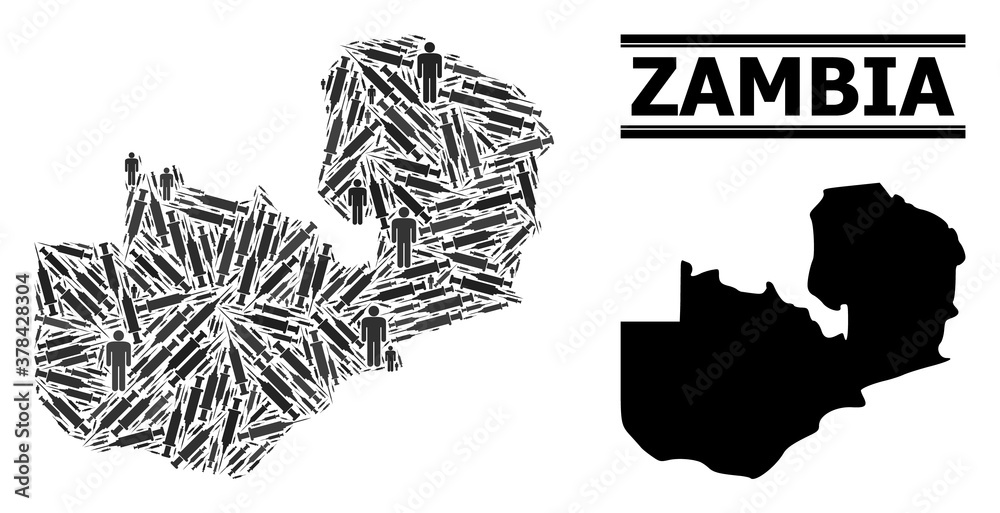 Virus therapy mosaic and solid map of Zambia. Vector map of Zambia is designed with injection needles and human figures. Template is useful for medical aims. Final solution over Covid-2019. Virus therapy mosaic and solid map of Zambia. Vector map of Zambia is designed with injection needles and human figures. Template is useful for medical aims. Final solution over Covid-2019.