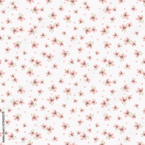 Simple vector floral seamless pattern. Abstract background with small pink flowers, petals on white backdrop. Liberty style wallpapers. Elegant ditsy texture. Repeat design for decor, textile, linens