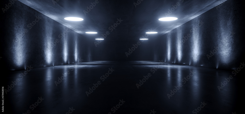 Big Large Neon Laser Blue Dark Night Warehouse Tunnel Corridor Concrete Garage Grunge Sci Fi Futuristic Underground Showcase Car Parking Empty 3D Rendering
