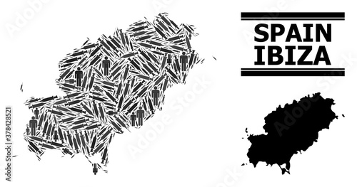 Syringe mosaic and solid map of Ibiza Island. Vector map of Ibiza Island is made with injection needles and people figures. Collage is useful for outbreak ads. Final solution over virus outbreak.