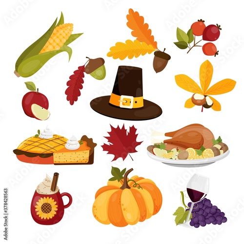 Set with thanksgiving food and autumn elements. Corn, baked turkey, , pilgrim hat, pie