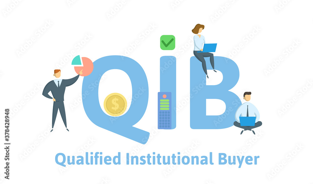 QIB, Qualified Institutional Buyer. Concept with keywords, people and icons. Flat vector illustration. Isolated on white background.