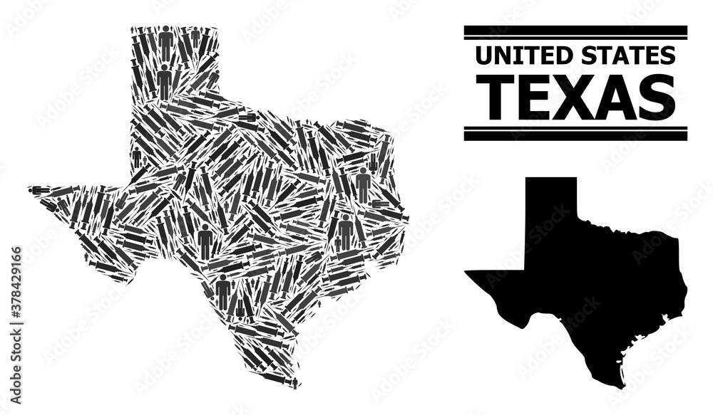 Inoculation mosaic and solid map of Texas State. Vector map of Texas State is made of inoculation icons and people figures. Collage is useful for medicine templates. Final win over asian flu. Inoculation mosaic and solid map of Texas State. Vector map of Texas State is made of inoculation icons and people figures. Collage is useful for medicine templates. Final win over asian flu.